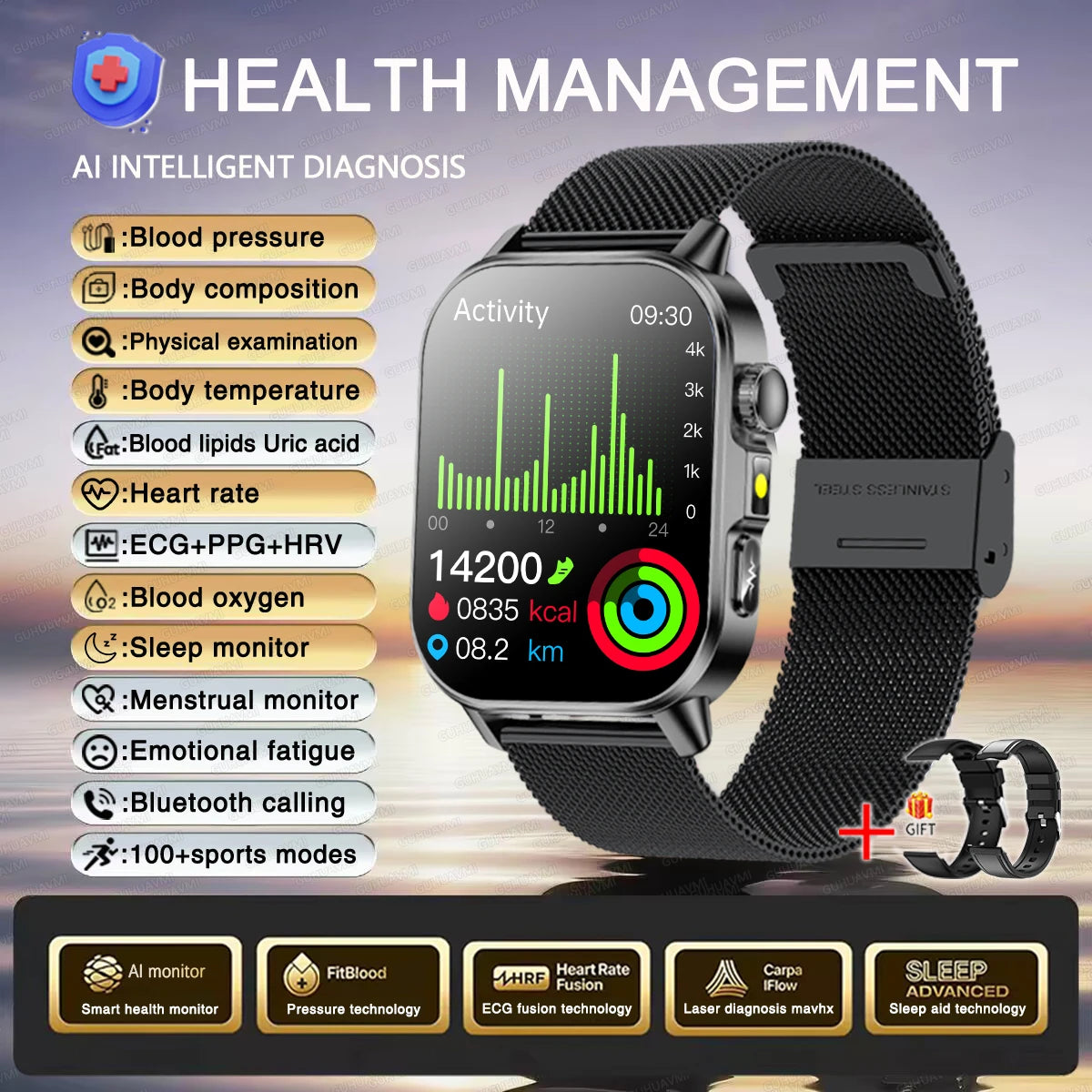 Montre connectée intelligente 2026 pour la santé des femmes, diagnostic précis, ECG+HRV, tension artérielle, oxygène sanguin, acide urique, fréquence cardiaque, appels Bluetooth