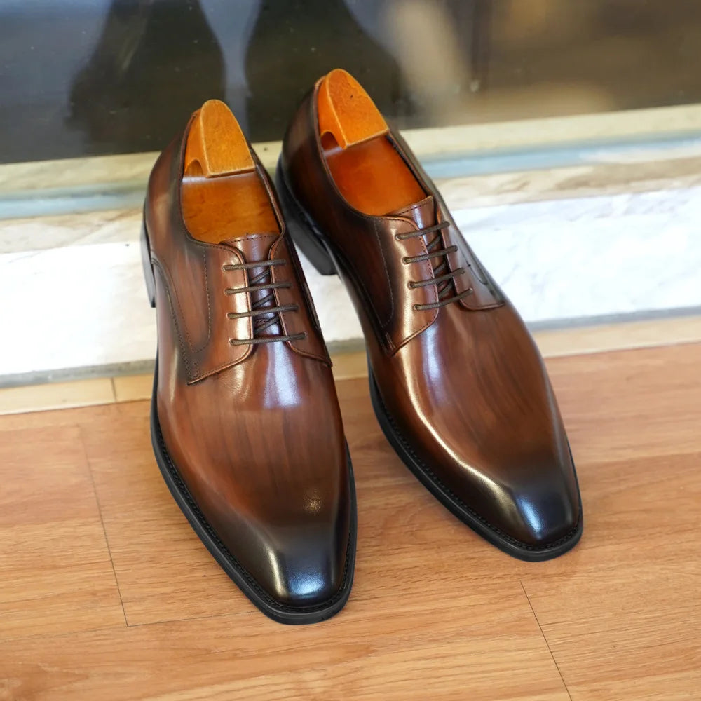 Chaussures décontractées d'affaires pour hommes, Grain de bois en détresse, bout carré, Derby en cuir, vêtements de bureau confortables, chaussures habillées formelles