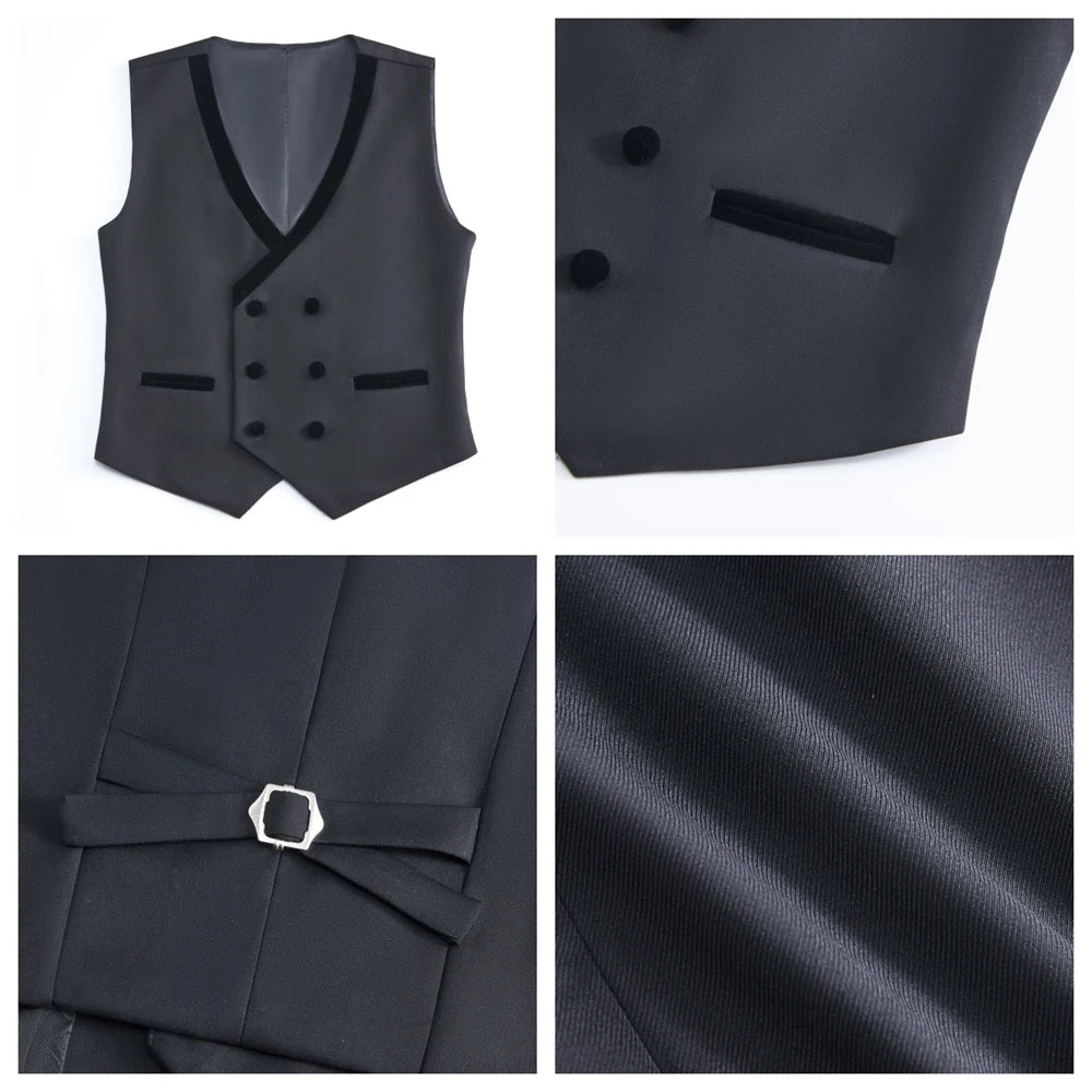 Ensemble de costume formel quatre pièces pour garçons, Blazer à col en velours, pantalon gilet, pantalon de smoking à nœud papillon, costumes de mariage pour enfants de retour