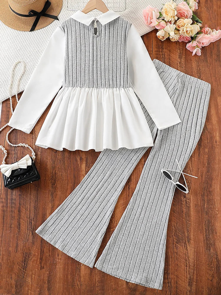 Ensemble deux pièces pour femmes et enfants, jupe chemise et pantalon trompette de couleur unie, décoration avec nœud bloqué, automne et hiver