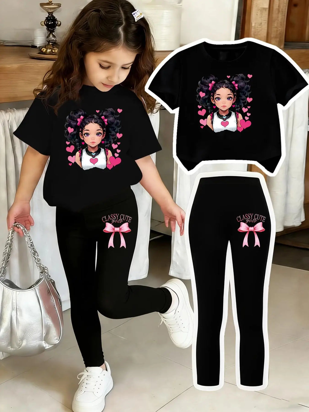 Ensemble à manches courtes pour filles : haut à manches courtes classique + leggings noirs, ensemble deux pièces avec pantalon imprimé à nœuds et haut imprimé, adapté aux enfants de 4 à 12 ans, tenue décontractée p
