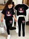 Ensemble à manches courtes pour filles : haut à manches courtes classique + leggings noirs, ensemble deux pièces avec pantalon imprimé à nœuds et haut imprimé, adapté aux enfants de 4 à 12 ans, tenue décontractée p