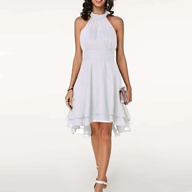 Femmes robe élégante été solide taille haute licou sans manches robes mi-longues dames recadrée couches en mousseline de soie fête robes minces