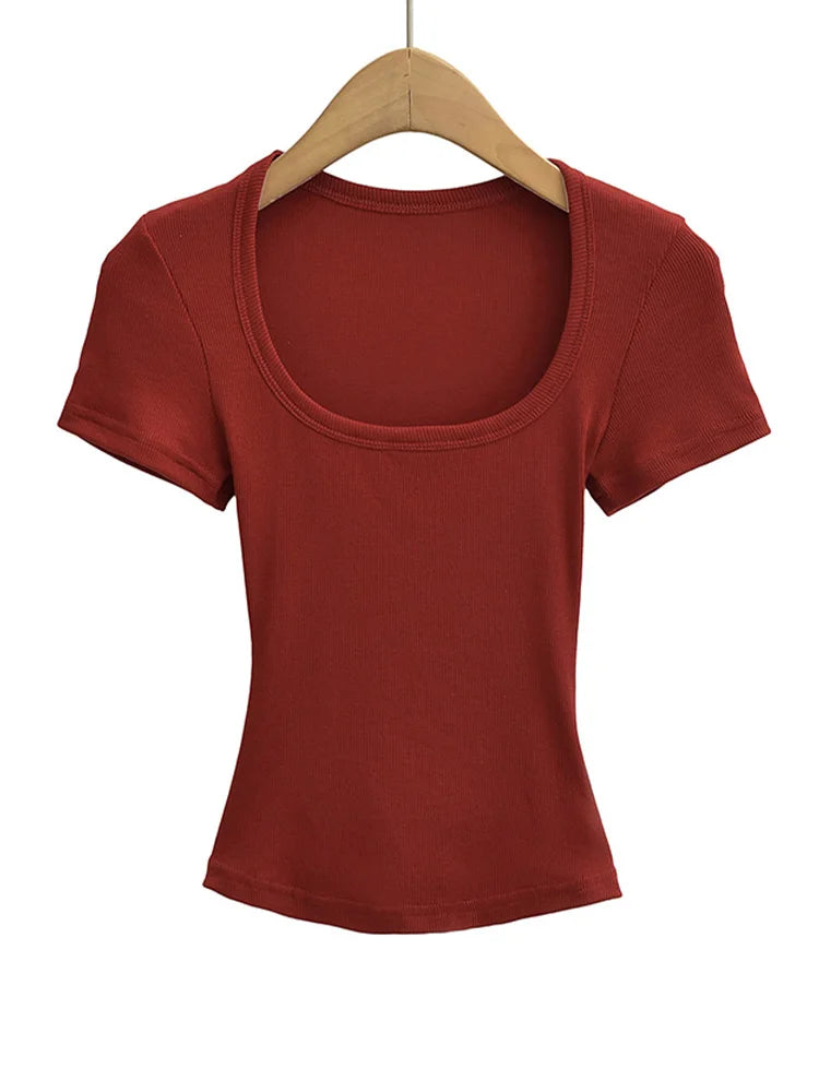 Col carré haute Stretch été culture hauts femmes à manches courtes hauts Sexy pull sommets Blouses mince T-shirt