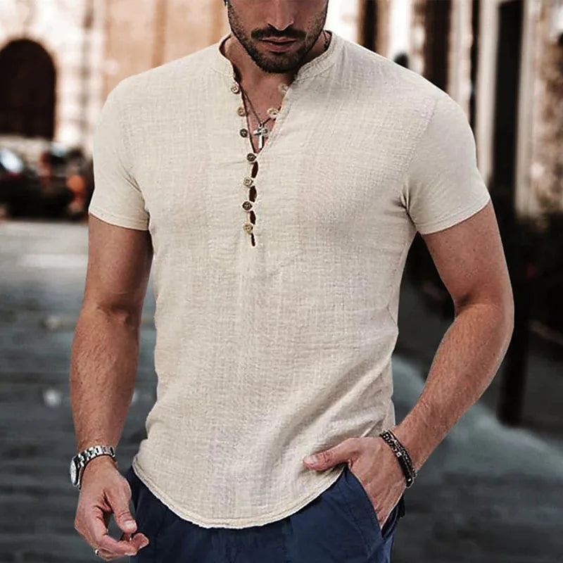 Nouveau t-shirt à manches courtes pour hommes col en V bouton chemise en coton et lin vêtements décontractés pour hommes hauts populaires pour hommes