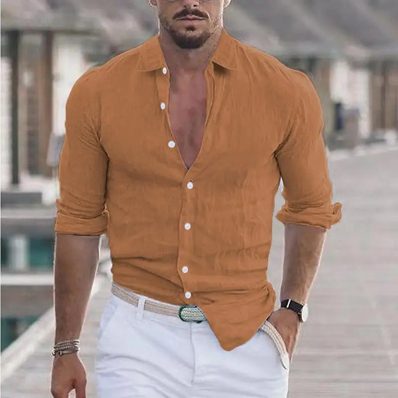 Chemisier hommes nouvel été coton lin revers plage chemise col rabattu à manches longues couleur unie vacances blusas camisas YRW5899
