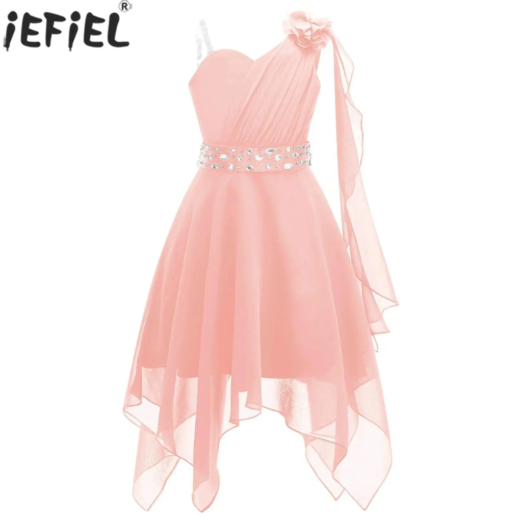 Robe de mariage pour filles de 6 à 16 ans, sans manches, élégante, froncée, avec des appliques, ourlet asymétrique, en mousseline de soie, robes de princesse pour fête d'anniversaire et de bal