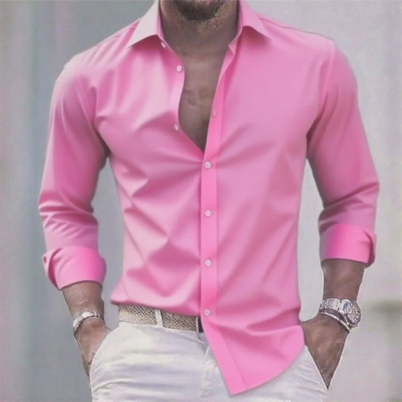 Chemise blanche décontractée pour homme, couleur unie, tissu extensible à manches longues, chemise formelle pour affaires, tissu confortable