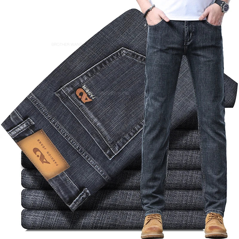 Printemps hommes bleu clair jean mince élégant décontracté tissu extensible Denim pantalon classique pantalon fumée gris