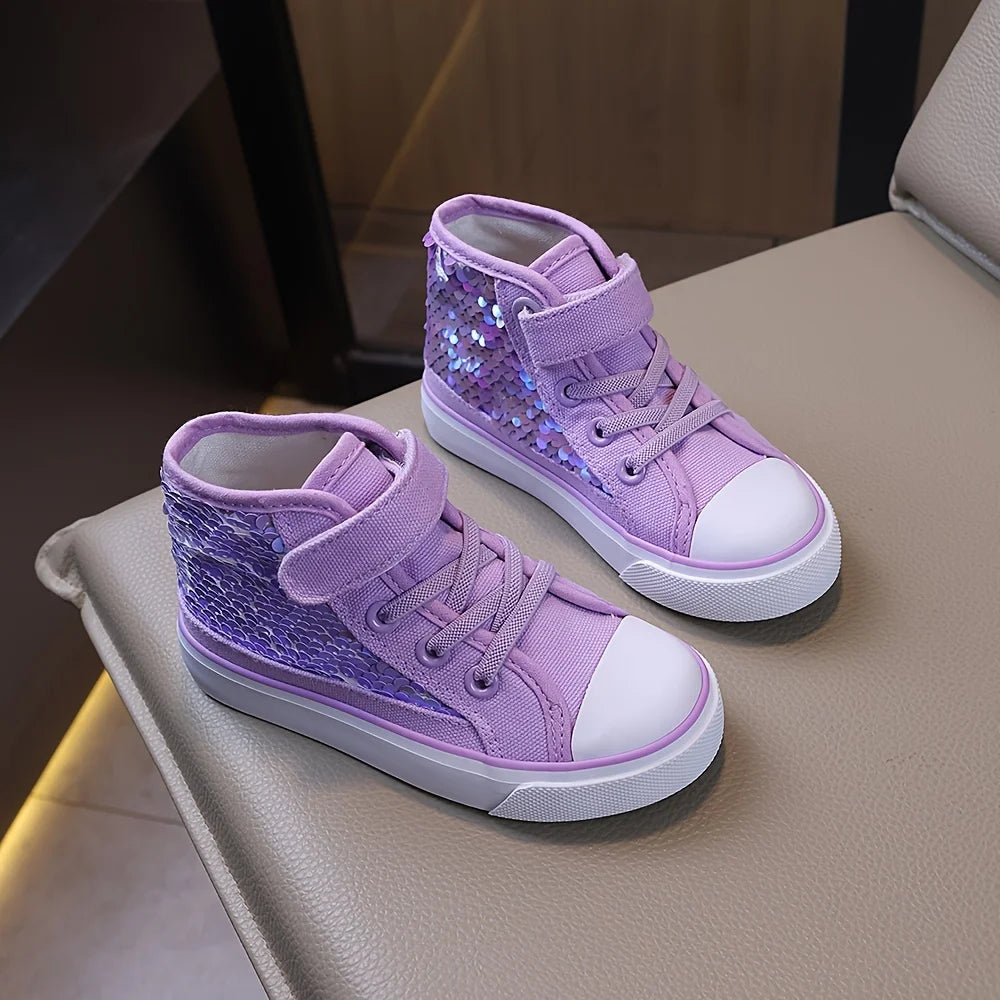 COMFY KIDS Filles 3-12 ans Violet Échelle holographique Style Princesse Chaussures en toile mi-hautes Sangle réglable Doux Confortable Vêtements toutes saisons Performance de fête Chaussures décontractées
