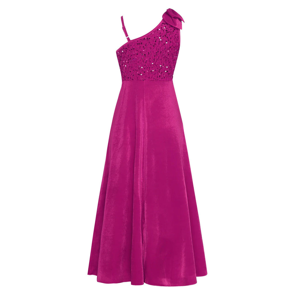 Robe de Demoiselle d'Honneur Junior Élégante pour Filles, Robe de Fille d'Honneur à Une Épaule Fendue avec Fleur pour Mariage, Fête, Costume Festif, Robes pour Enfants