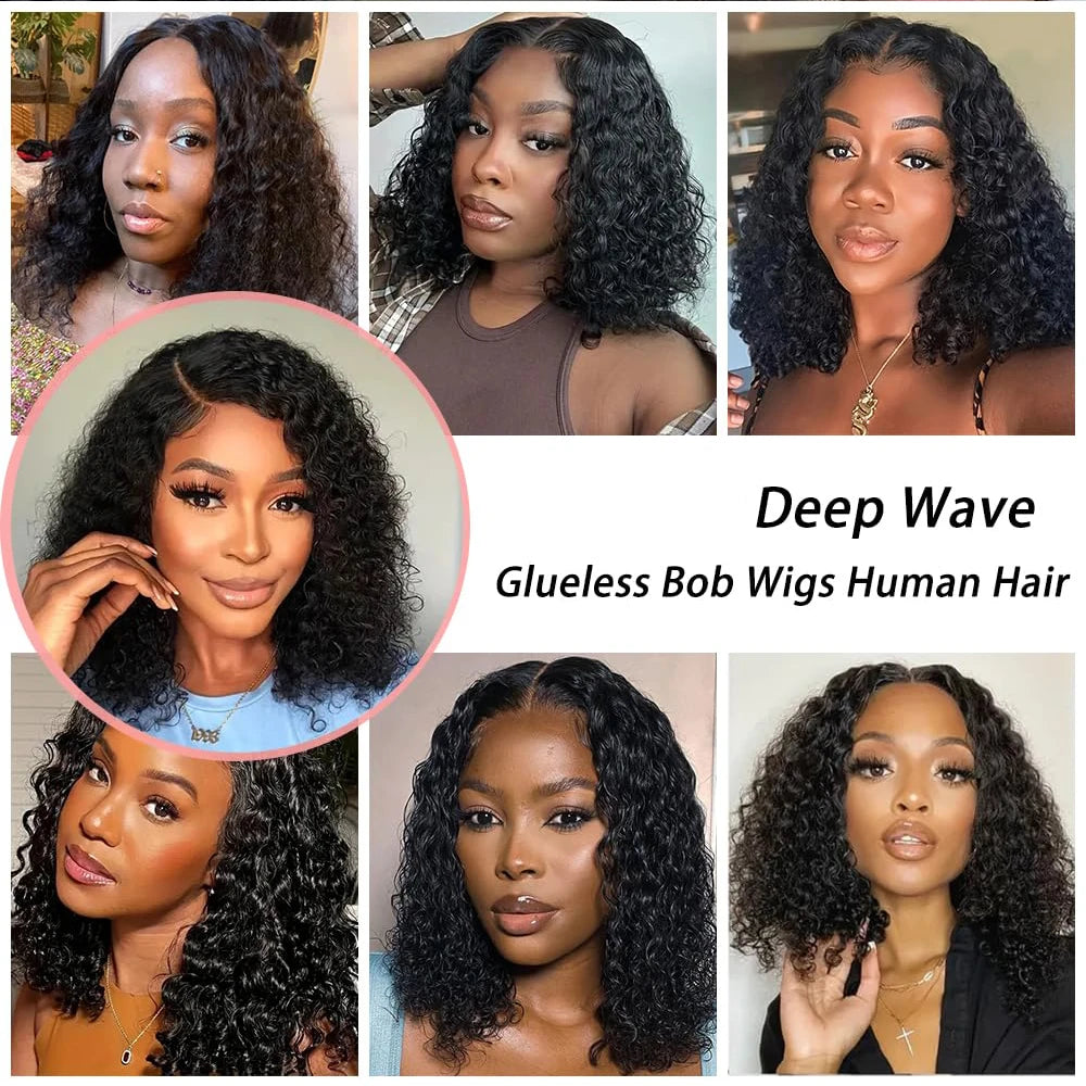 Perruque Bob sans colle Vrbest Deep Wave Wear And Go pour femmes, prête à porter, en cheveux humains, avec fermeture en dentelle 4x4, 100% cheveux humains