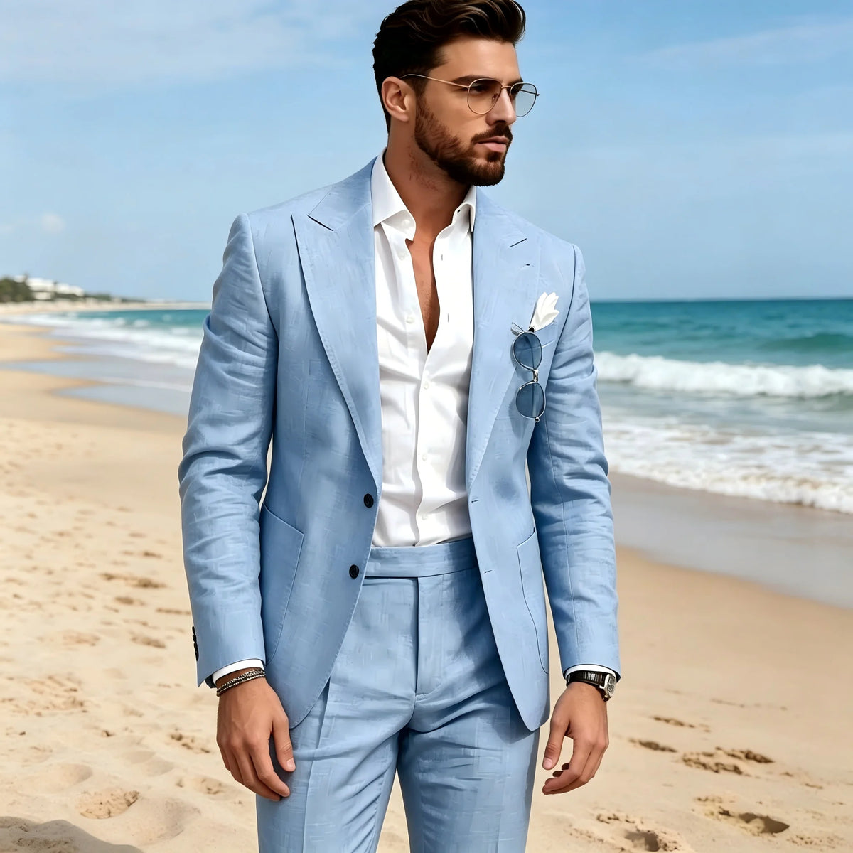Costume Homme en Lin Bleu Ciel 2 Pièces, Revers Pointus, Simple Boutonnage, Tenue Décontractée Slim pour Bal, Fête, Mariage, Blazer et Pantalon
