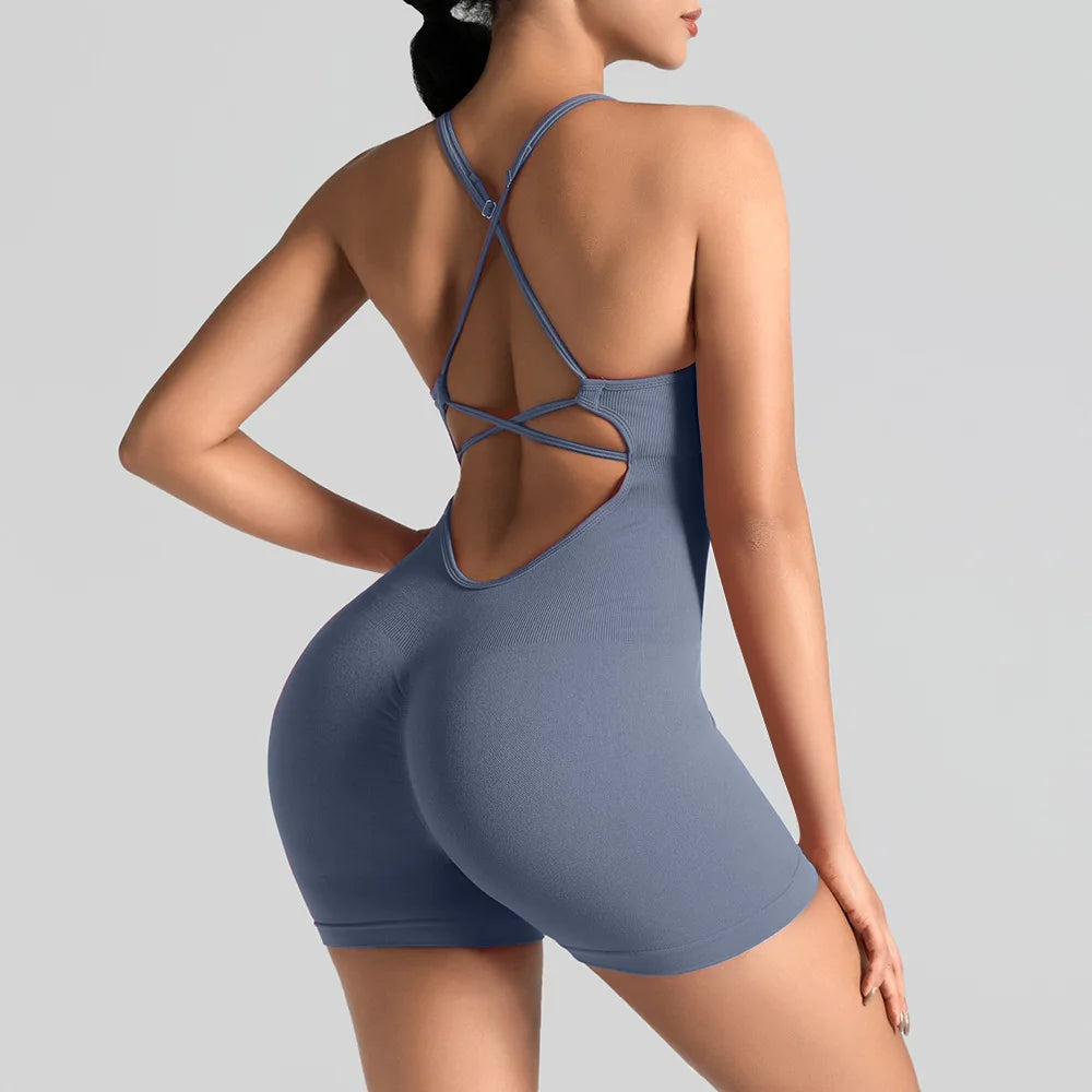 Ensemble de sport moulant sans couture une pièce avec legging de yoga et brassière dos nu sexy pour amincir les hanches et le fitness