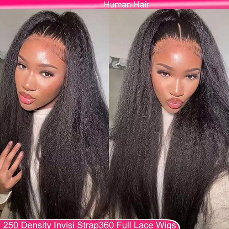 Perruque Lace Frontal Wig naturelle Yaki lisse, cheveux crépus, sans colle, avec sangle Invisible, 360 HD