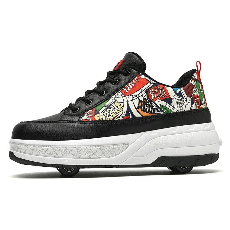 Chaussures de patinage à roulettes pour enfants, quatre roues durables et rétractables, à la mode, à lacets, pour divertissement en plein air, chaussures de sport pour enfants