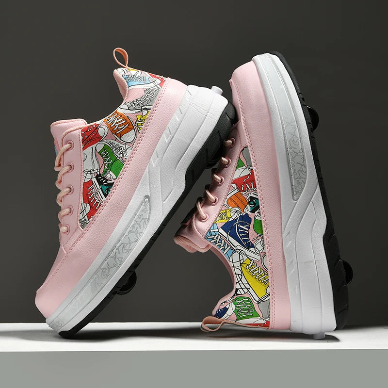 Chaussures de patinage à roulettes pour enfants, quatre roues durables et rétractables, à la mode, à lacets, pour divertissement en plein air, chaussures de sport pour enfants