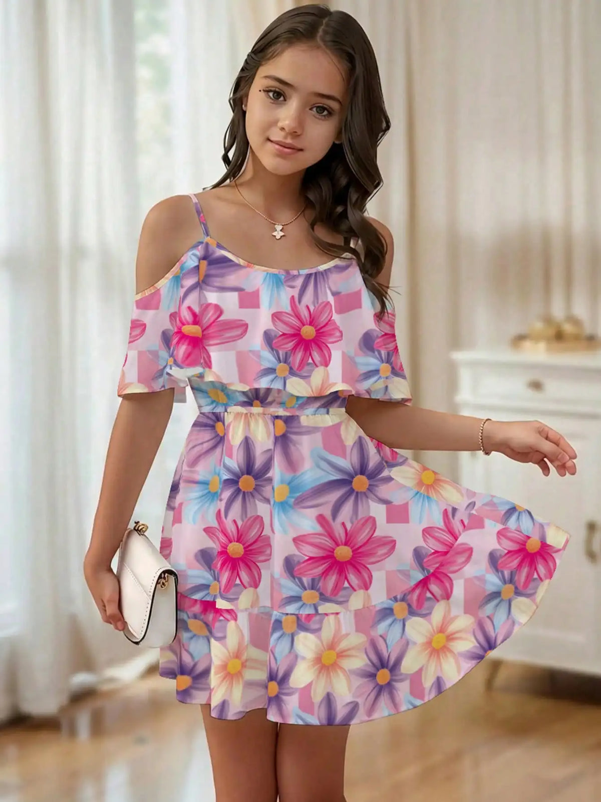 Combinaison d'été sans manches à imprimé feuilles pour fille - Mélange de polyester extensible décontracté, design épaules dénudées, longueur genou, jupe de plage