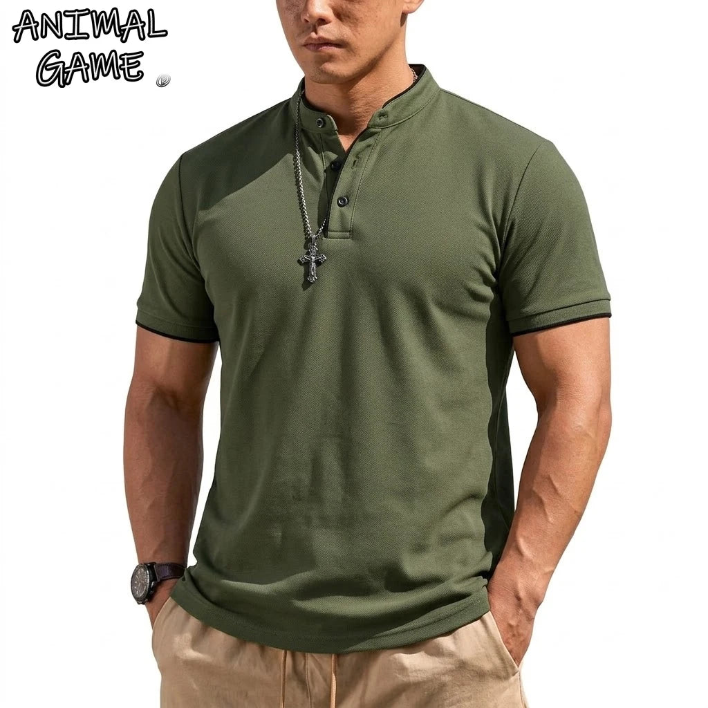 Chemise Henley à manches courtes pour homme, chemises polo à boutons, t-shirts classiques sans col pour homme, t-shirt de randonnée respirant de luxe, t-shirt de sport