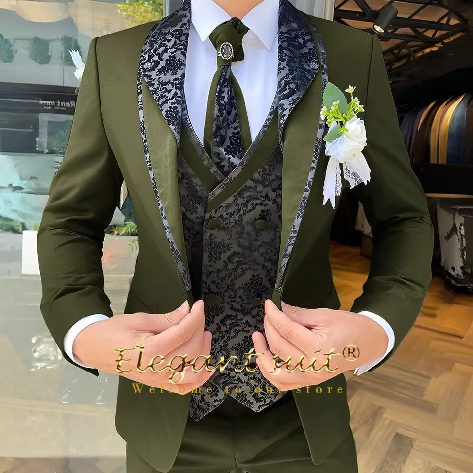 Ensemble de costume 3 pièces pour hommes, gilet jacquard noir, style contrasté, costume, gilet et pantalon, choix de mariages et de célébrations