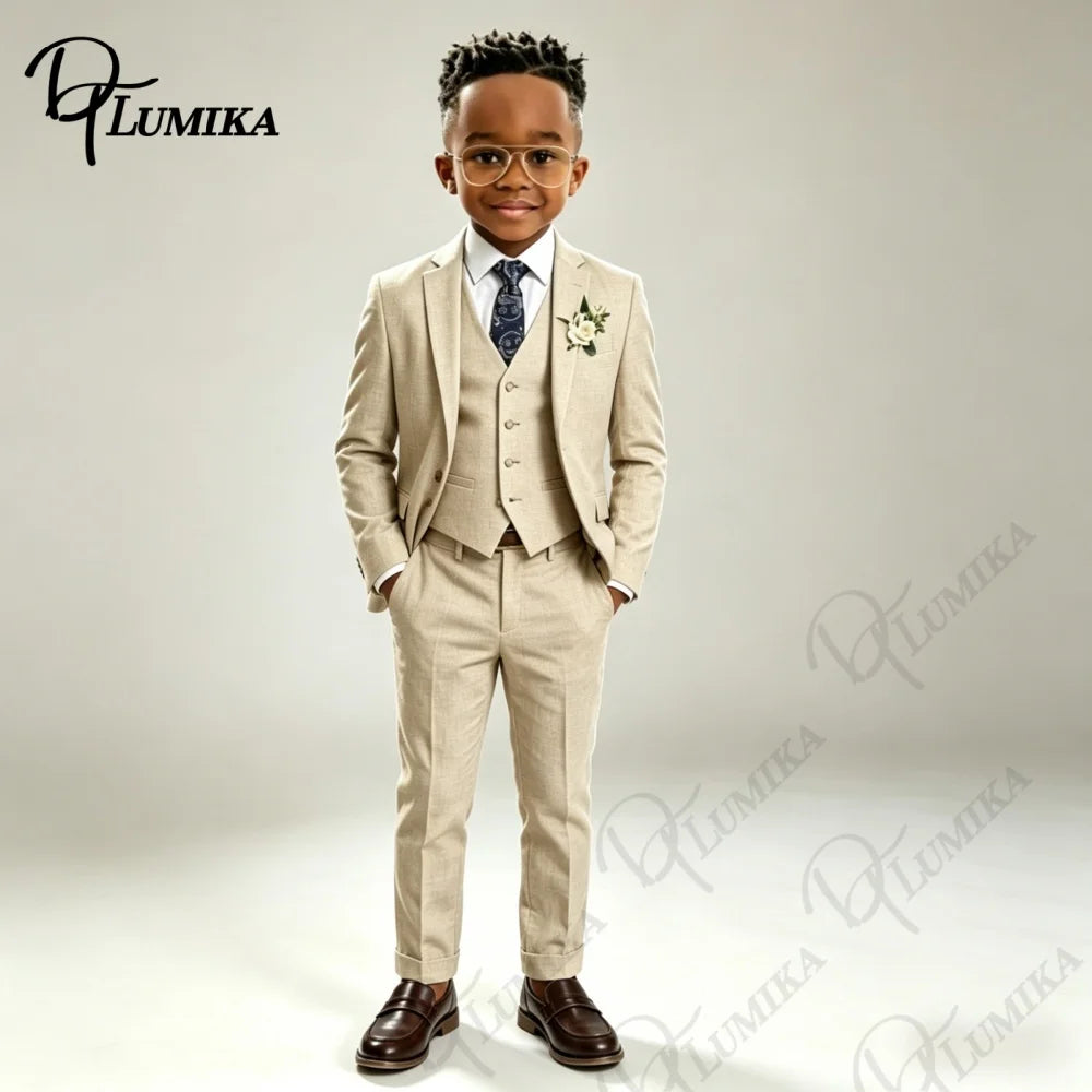 Costume élégant en lin beige pour garçons, ensemble 3 pièces avec cravate florale bleue, smoking formel haut de gamme pour mariage, porteur d'alliances, occasions spéciales d'été