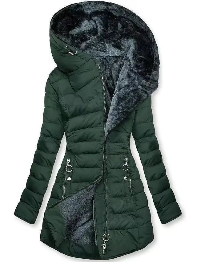Veste matelassée chaude à capuche pour femme, doublure polaire, fermeture éclair diagonale, silhouette ajustée, longueur mi-longue, manteau d'hiver