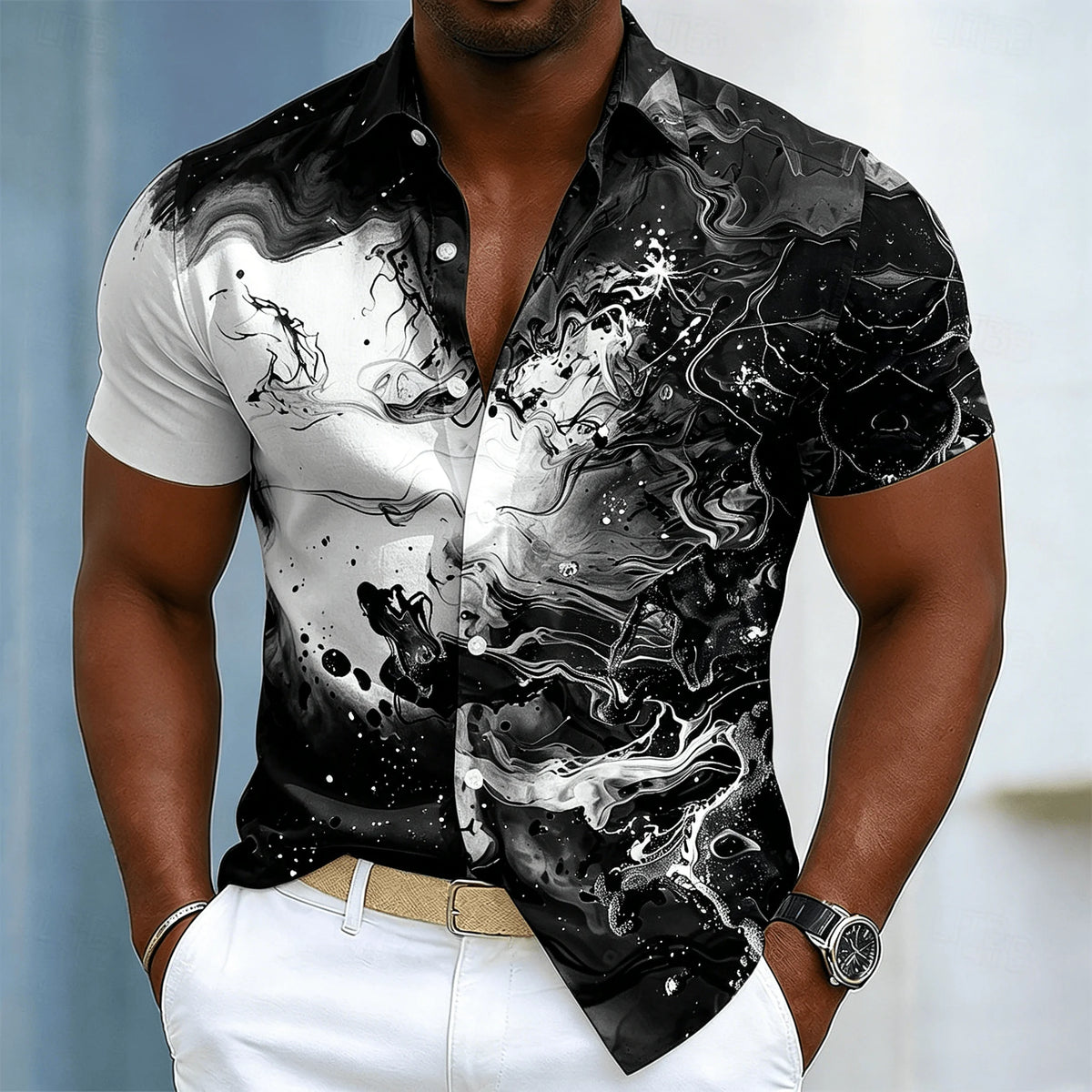Chemise à manches courtes pour homme avec imprimé encre tourbillonnante, motif abstrait fluide décontracté à boutons pour le printemps et l'été