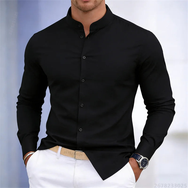 Chemise à manches longues pour homme, col montant, blanche ou noire, couleur unie, coupe ajustée, style business casual, tailles XS-6XL.