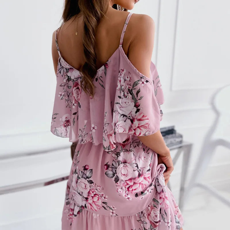 Femme robe 2025 été imprimé fleuri Sexy Spaghetti sangle hors épaule robe décontracté dames vacances plage Boho robes robes