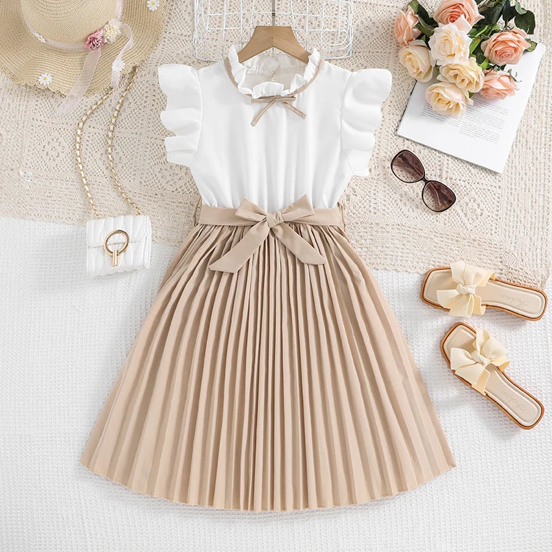 Robe pour filles, manches pétales blanches, jupe kaki plissée et nœud papillon, Style Preppy, vêtements de fête d'anniversaire élégants pour 8 à 12 ans