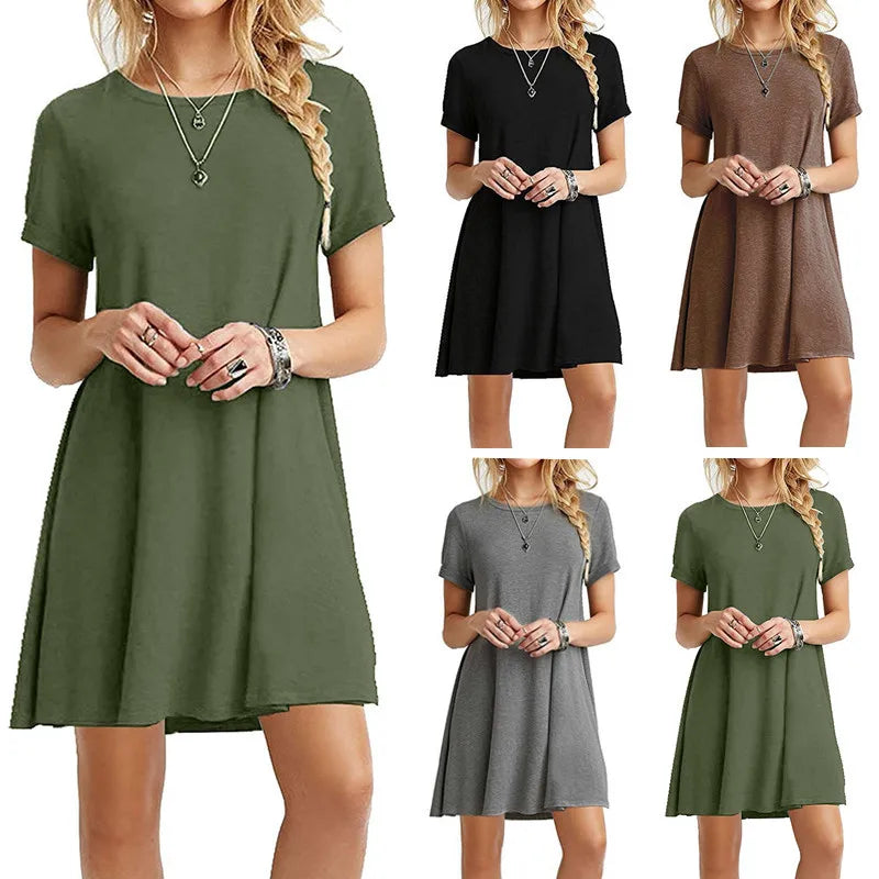 Femmes décontracté à manches courtes t-shirt robe Vintage col rond imprimé Mini robe ample élégant Simple Mini robe Streetwear robe d'été