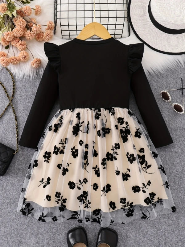 Printemps automne infantile enfant en bas âge filles col rond manches volantes épissure fleur imprimé Tulle tenue décontractée pour bébé filles