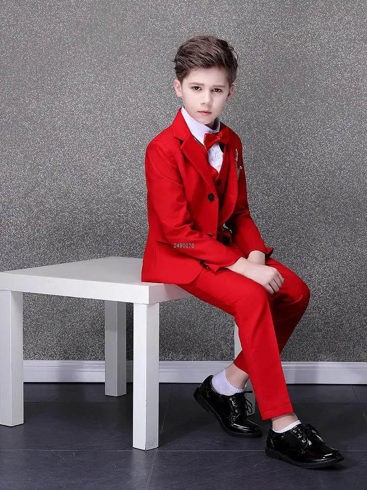 Costume de mariage rouge à fleurs pour garçons, Costume de photographie pour enfants, robe de smoking pour fête d'anniversaire pour adolescents, Costume de spectacle sur scène pour remise de diplôme