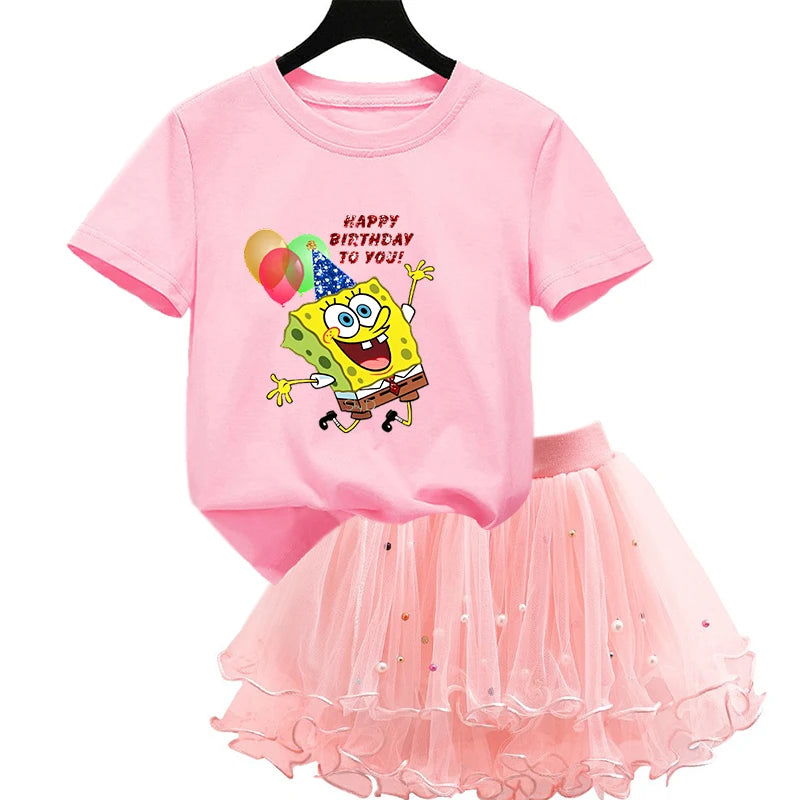 Robe Bob l'éponge pour filles, vêtements d'anniversaire pour enfants, robe de princesse de fête, T-shirt + jupe Tutu, cadeau de soirée d'été, 2 pièces/ensemble