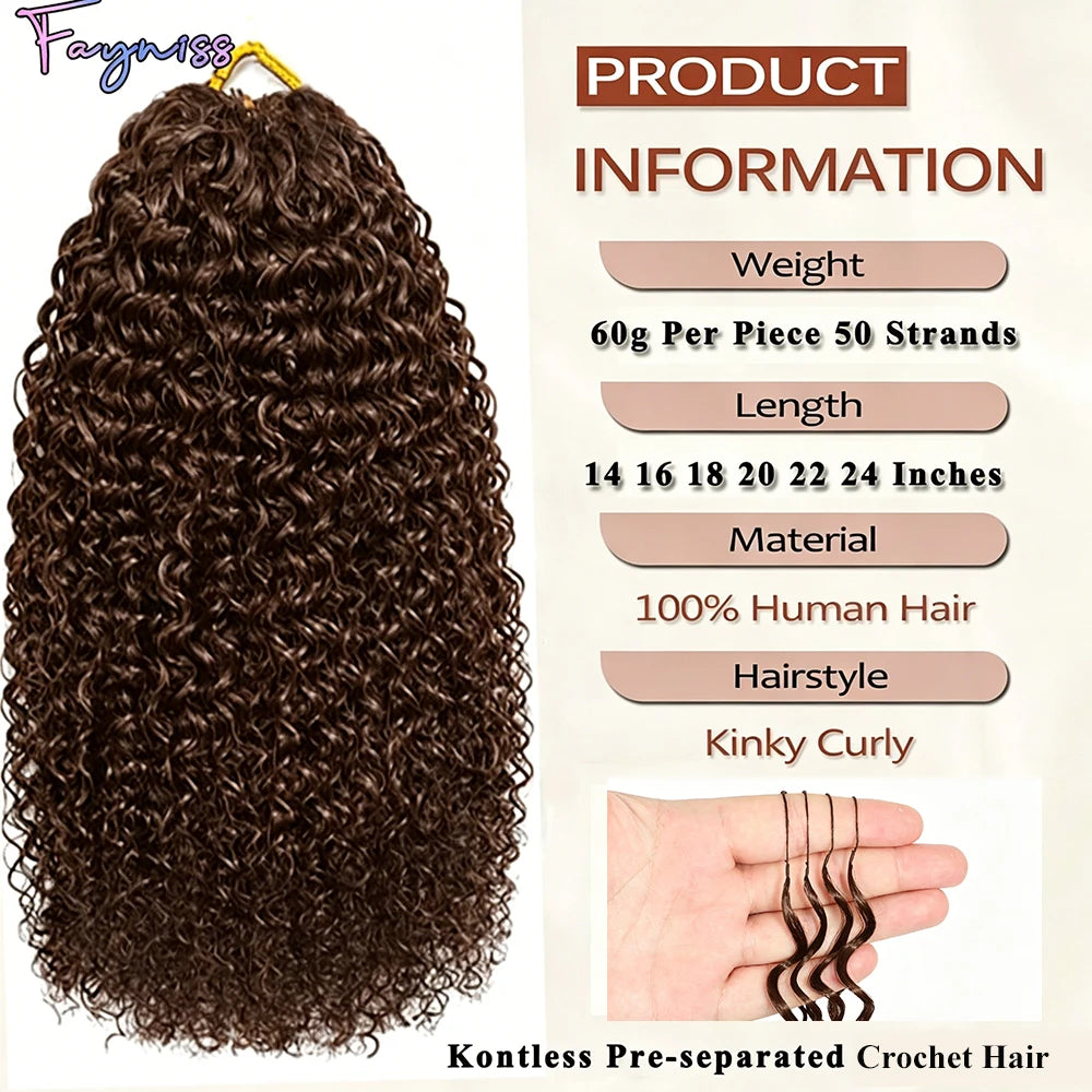 Cheveux humains 100% naturels, couleur chocolat brun, bouclés crépus, pour tresses bohèmes, pré-séparés, effet plume, pour tressage au crochet.