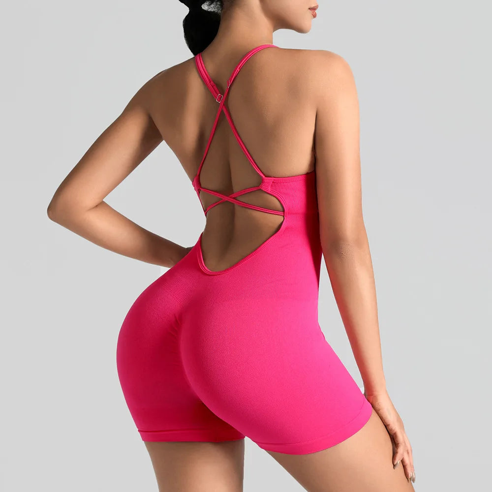 Ensemble de sport moulant sans couture une pièce avec legging de yoga et brassière dos nu sexy pour amincir les hanches et le fitness