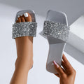 Sandales plates à paillettes argentées pour femmes, pantoufles d'extérieur à bout ouvert, grande taille 43, été, 2025
