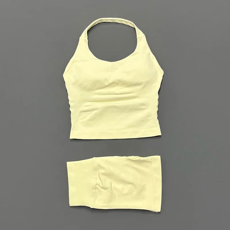 Ensemble de sport 2 pièces pour femme : débardeur long à bretelles rembourré et short de sport sans couture pour le yoga, le fitness et la course à pied