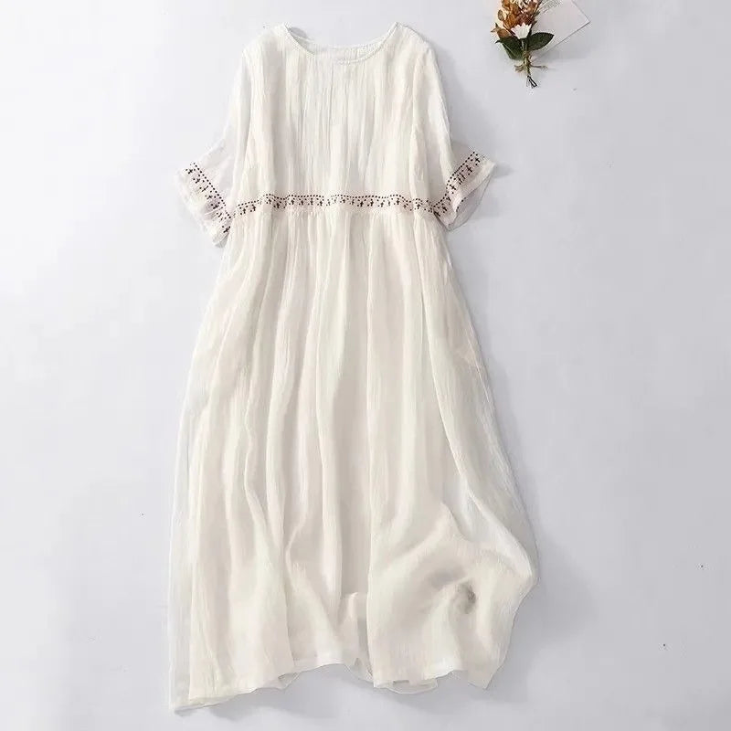 Robe d'été pour femme grande taille, brodée, coupe ample, style A-line évasé, décontractée, mi-longue, pour l'extérieur