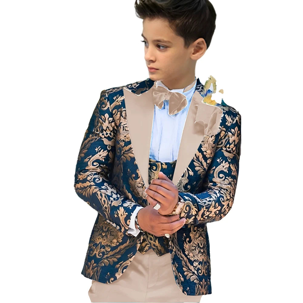 Costume pour garçon bleu marine estampillé en or, ensemble 3 pièces, haut de smoking de mariage pour enfants de haute qualité, veste personnalisée pour garçon de 2 à 16 ans