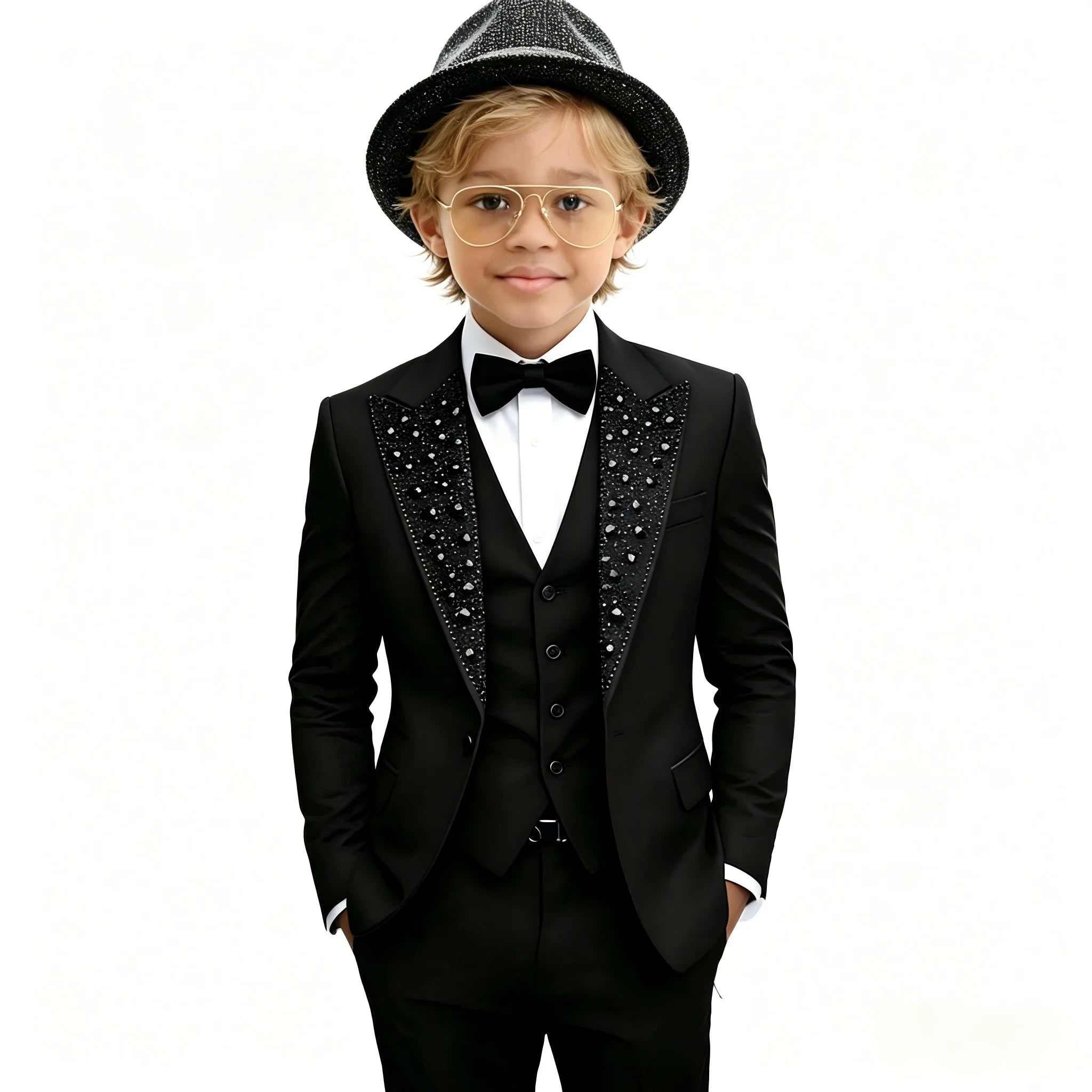 Costumes noirs à cristaux perlés pour garçons, ensembles 3 pièces, ensembles de blazer à simple boutonnage, smoking pour enfants, pour mariage et fête formelle