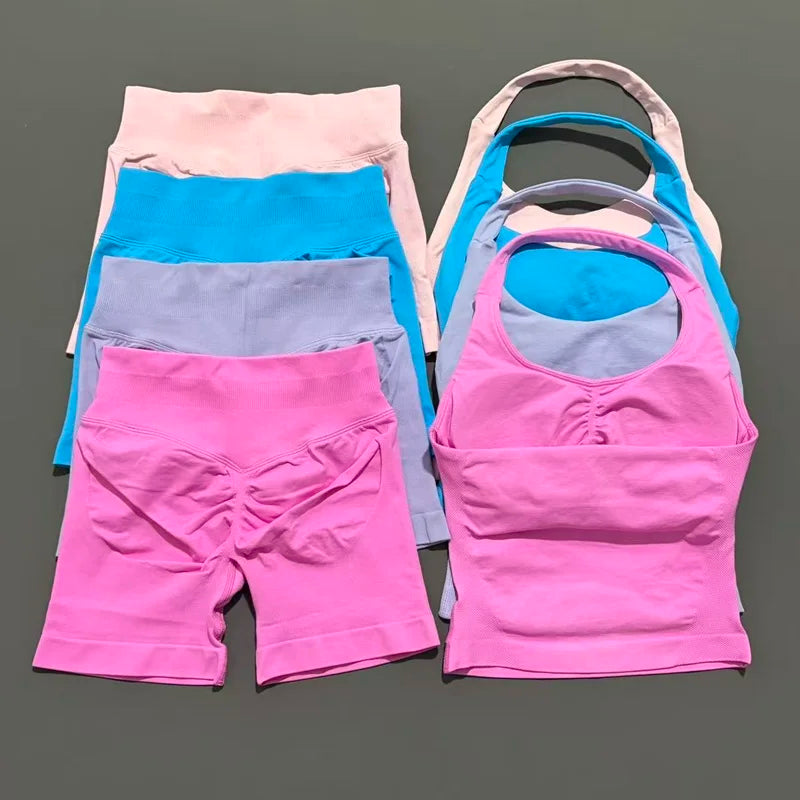 Ensemble de sport 2 pièces pour femme : débardeur long à bretelles rembourré et short de sport sans couture pour le yoga, le fitness et la course à pied