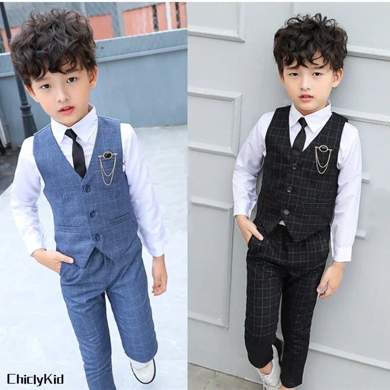 Garçon Plaid gilet Blazer enfants gilet vêtements de mariage ensemble enfant en bas âge robe formelle costume enfant broche chemise pantalon bébé messieurs tenue