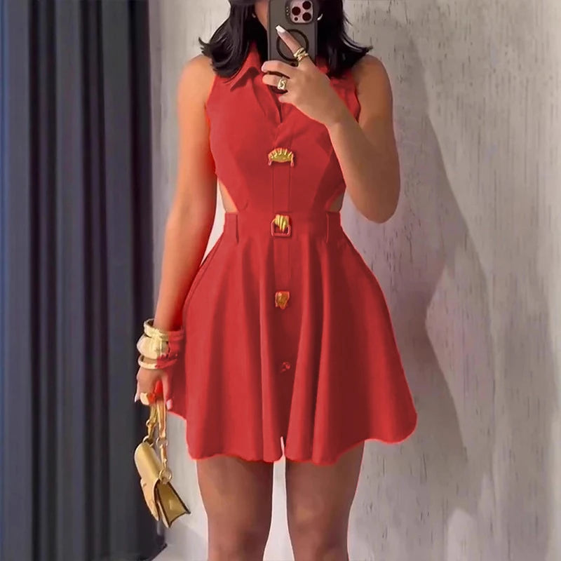 Robe plissée d'été, couleur unie, taille haute, bureau, bouton à revers, ligne a, Sexy, ajourée, sans manches, Slim, courte