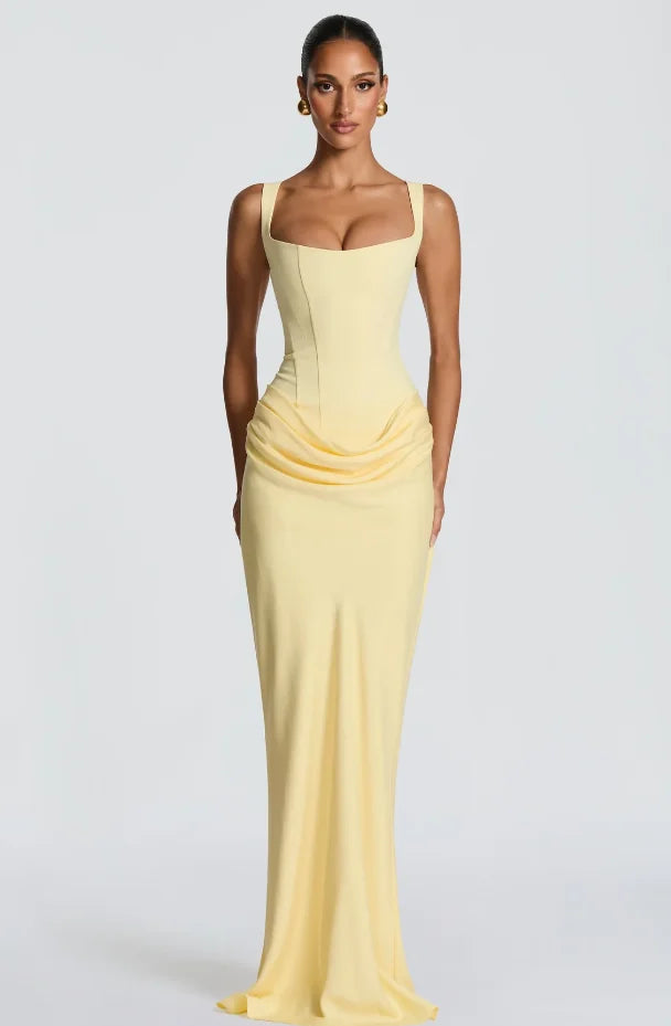 Robe à bretelles plissée pour femmes, couleur unie, col carré, sans manches, épaules dénudées, taille cintrée, robes Slim, robes de soirée, 2025