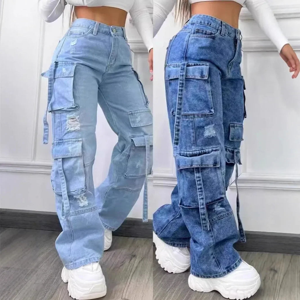 Nouveau Jean Femme 2026 Tendance Couleur Unie Décontracté Style Workwear Denim Taille Haute Multi-Poches Coupe Ample Polyvalent Grandes Tailles