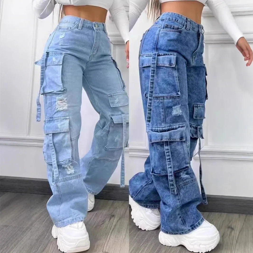 Nouveau Jean Femme 2026 Tendance Couleur Unie Décontracté Style Workwear Denim Taille Haute Multi-Poches Coupe Ample Polyvalent Grandes Tailles