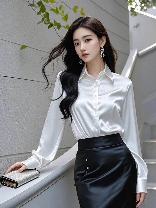 Chemise élégante en satin à manches longues pour femme, idéale pour le bureau, style coréen, coupe ample avec détails boutonnés