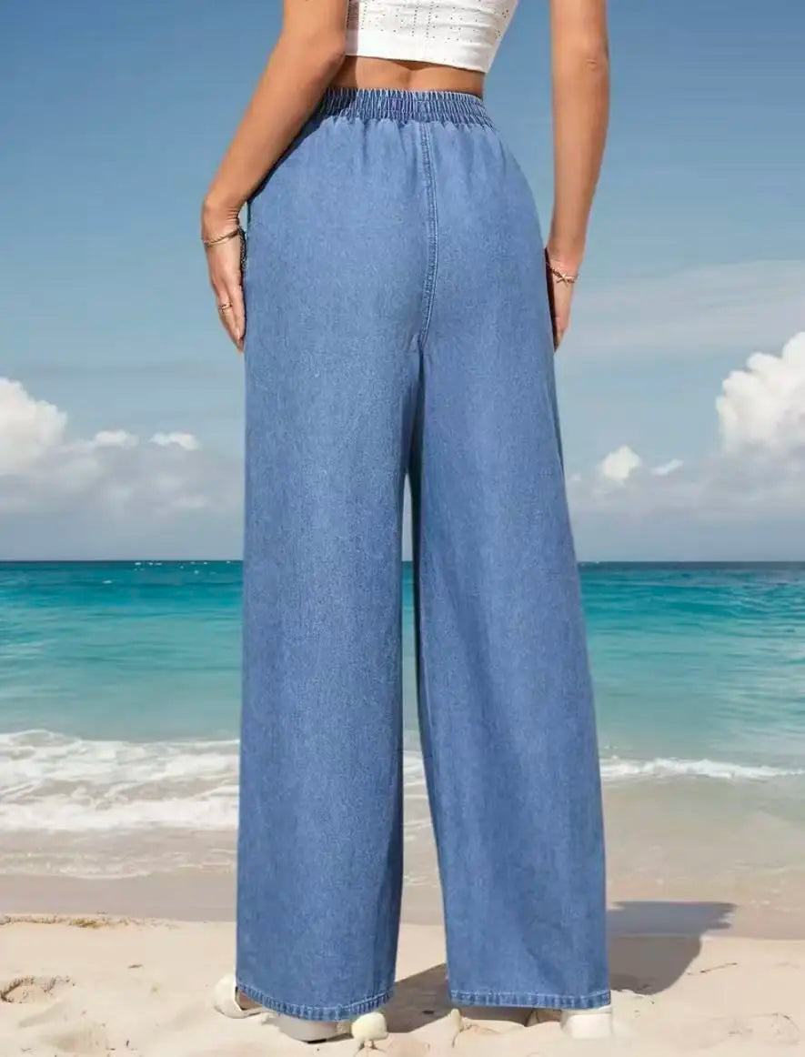Jeans à jambes larges et taille élastique pour femmes