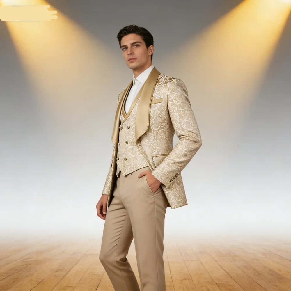Costume de smoking formel 3 pièces en jacquard champagne pour homme avec blazer à revers châle, idéal pour le marié, le témoin ou les smoking pour soirée